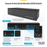 StarTech.com Secure 8-Port Dual-Monitor KVM Switch, DisplayPort, 4K 60Hz, NIAP 4.0 Desktop KVM, CAC, Metal Housing, Made in the USA