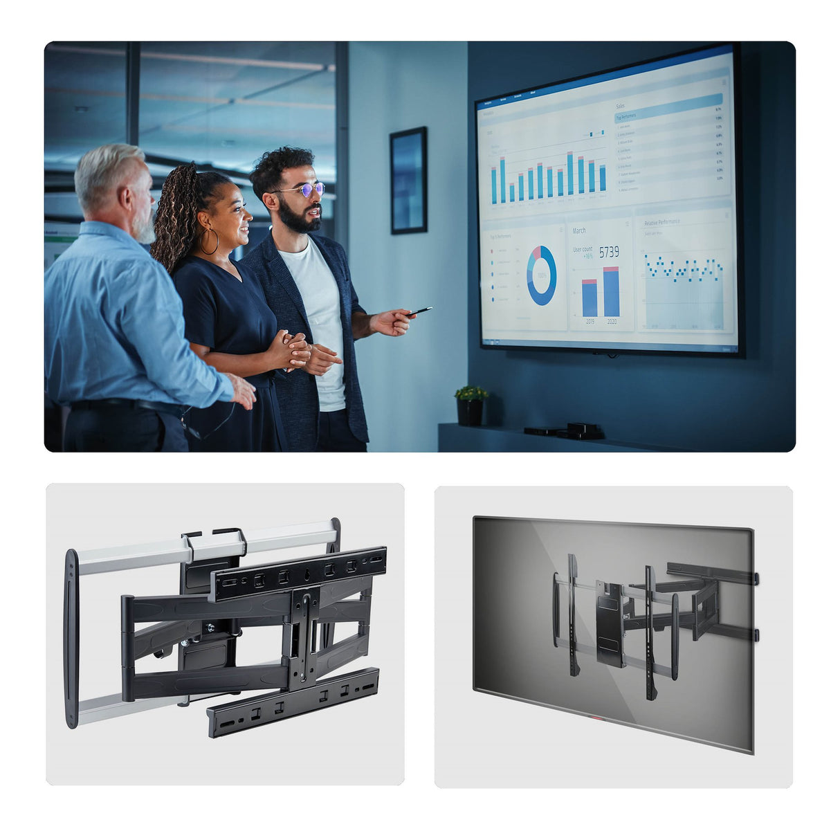 StarTech.com Ultra-Slim Articulating TV Wall Mount for up to 65-inch and 99lb/45kg Flat Screens, VESA 600x400, TAA-Compliant Low-Profile Bracket