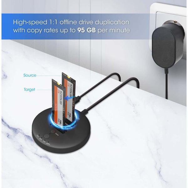 Manhattan Dual-Bay M.2 NVMe SSD Clone Station, Drive Dock for Duplication or Access, Integrated USB-C Cable, 10 Gbps SuperSpeed+ USB (USB 3.2 Gen 2), For 2230/2242/2260/2280/22110 SSDs with M Key or B+M Key, Black
