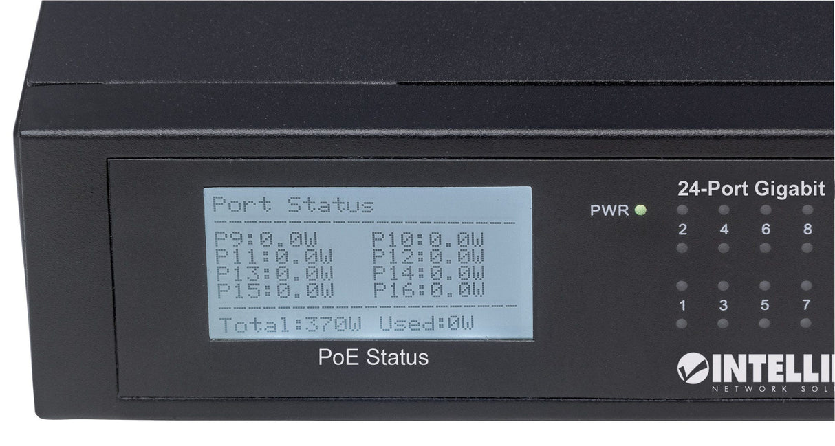 Intellinet 24-Port Gigabit Ethernet PoE+ Switch with 2 SFP Ports, LCD Display, IEEE 802.3at/af Power over Ethernet (PoE+/PoE) Compliant, 370 W, Endspan, 19" Rackmount