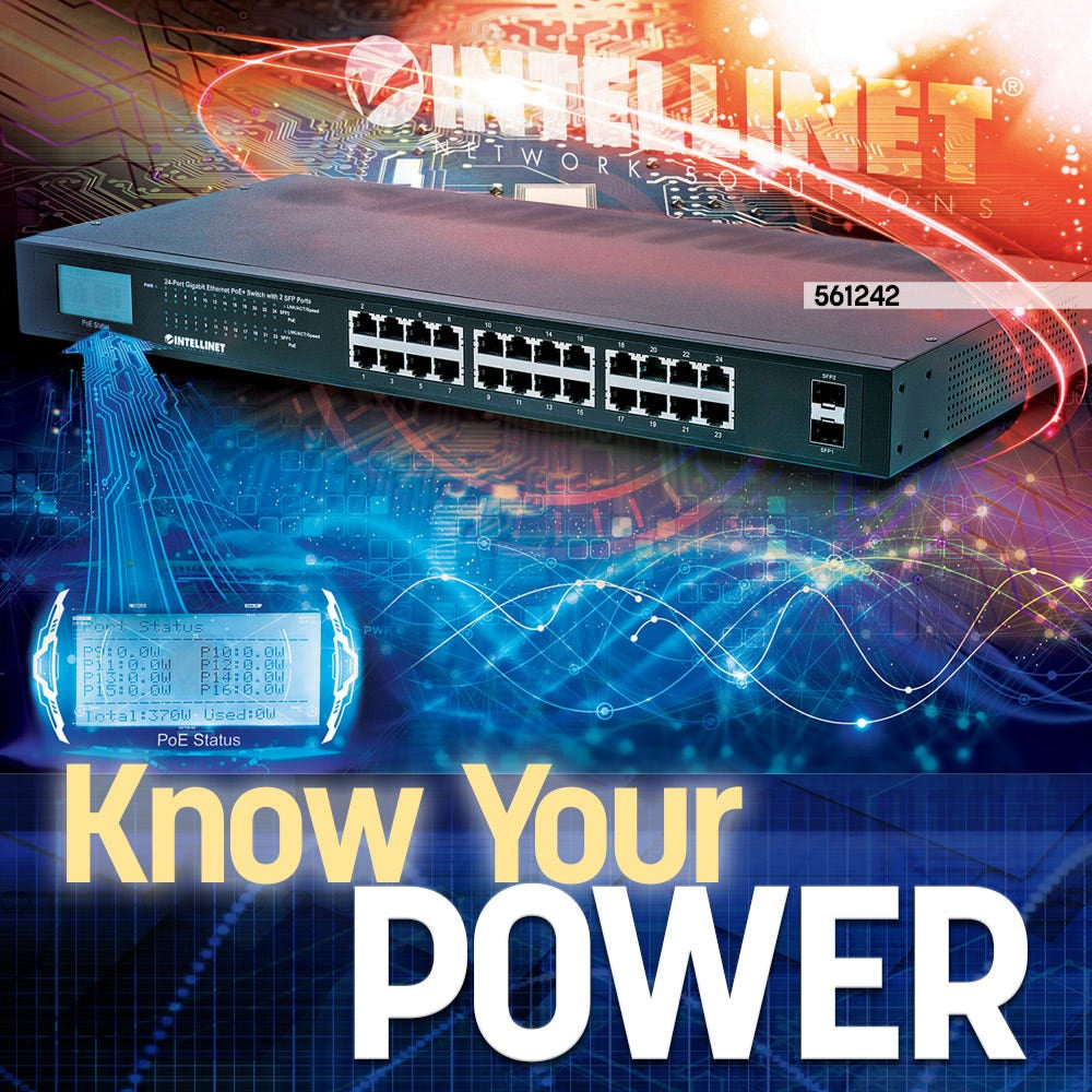 Intellinet 24-Port Gigabit Ethernet PoE+ Switch with 2 SFP Ports, LCD Display, IEEE 802.3at/af Power over Ethernet (PoE+/PoE) Compliant, 370 W, Endspan, 19" Rackmount