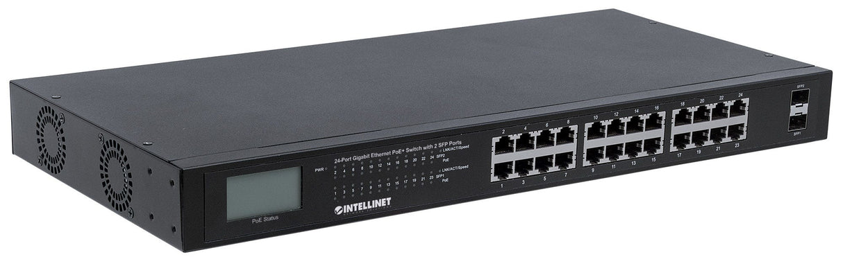 Intellinet 24-Port Gigabit Ethernet PoE+ Switch with 2 SFP Ports, LCD Display, IEEE 802.3at/af Power over Ethernet (PoE+/PoE) Compliant, 370 W, Endspan, 19" Rackmount