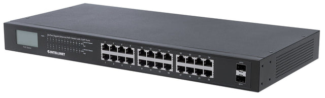 Intellinet 24-Port Gigabit Ethernet PoE+ Switch with 2 SFP Ports, LCD Display, IEEE 802.3at/af Power over Ethernet (PoE+/PoE) Compliant, 370 W, Endspan, 19" Rackmount