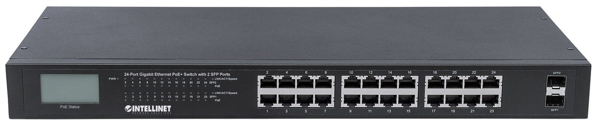 Intellinet 24-Port Gigabit Ethernet PoE+ Switch with 2 SFP Ports, LCD Display, IEEE 802.3at/af Power over Ethernet (PoE+/PoE) Compliant, 370 W, Endspan, 19" Rackmount