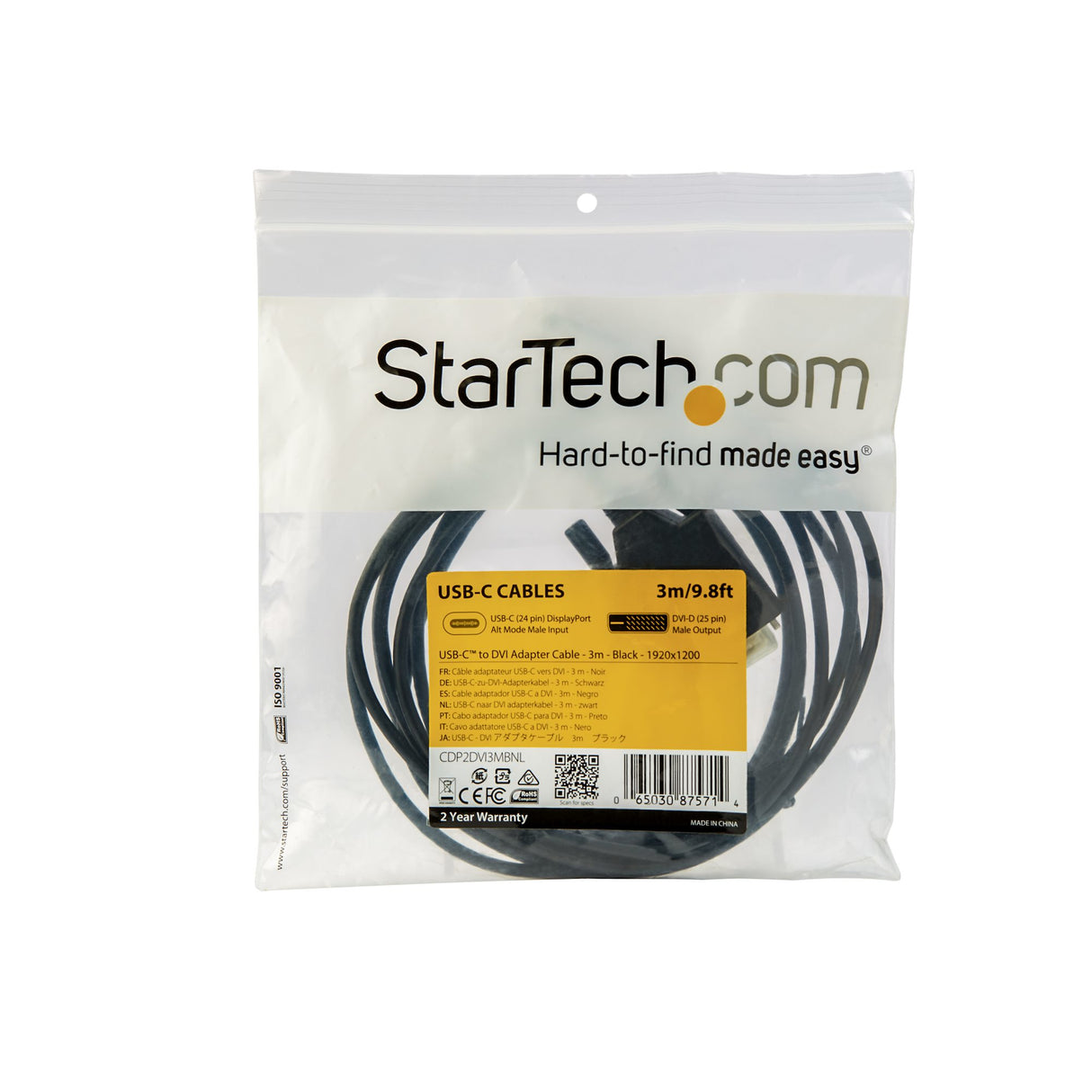 StarTech.com 10ft (3m) USB C to DVI Cable - 1080p (Single Link) USB Type-C (DP Alt Mode HBR2) to DVI-Digital Video Adapter Cable - Works with Thunderbolt - Laptop to DVI Monitor/Display