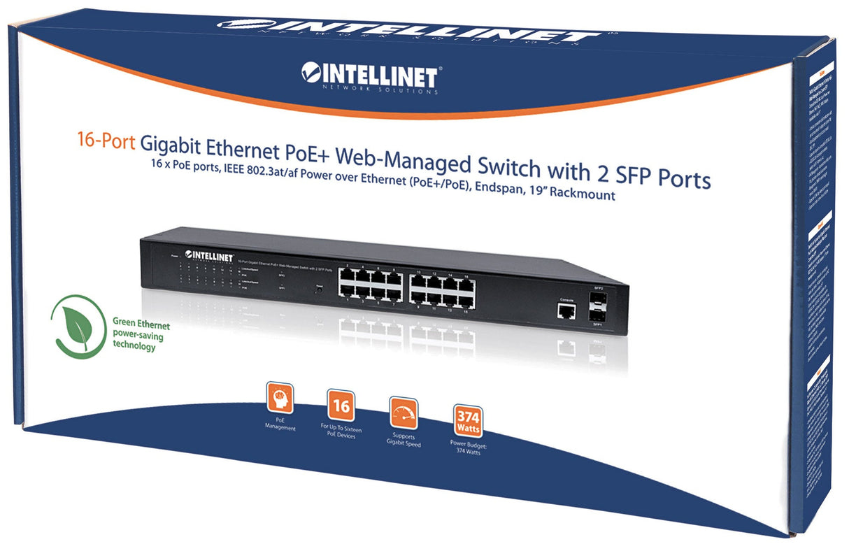 Intellinet 16-Port Gigabit Ethernet PoE+ Web-Managed Switch with 2 SFP Ports, IEEE 802.3at/af Power over Ethernet (PoE+/PoE) Compliant, 374 W, Endspan, 19" Rackmount