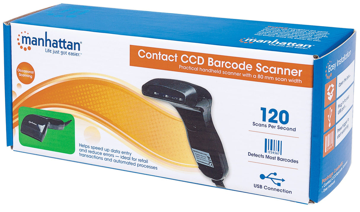 Manhattan Contact CCD Handheld Barcode Scanner, USB, 80mm Scan Width, Cable 152cm, Max Ambient Light: 3,000 lux (sunlight), Black, Three Year Warranty