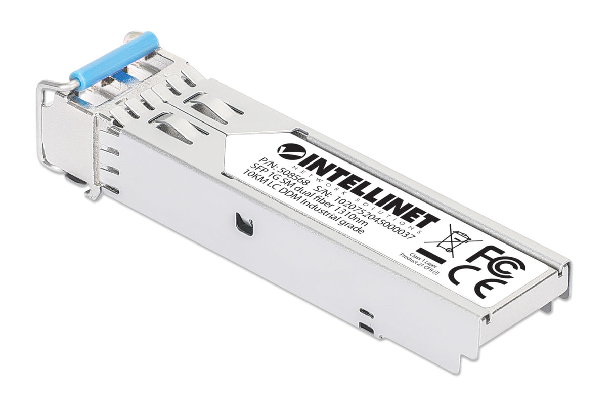 Intellinet Industrial Gigabit Fiber SFP Optical Transceiver Module 1000Base-LX (LC) Single-Mode Port, 10 km (6.2 mi.), MSA-compliant for Maximum Compatibility, Silver