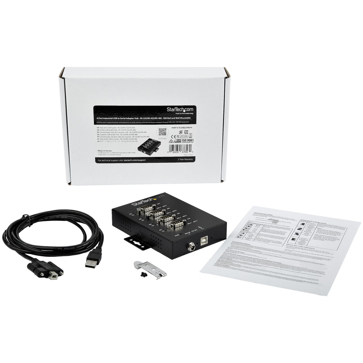StarTech.com 4 Port Serial Hub USB to RS232/RS485/RS422 Adapter - Industrial USB 2.0 to DB9 Serial Converter Hub - IP30 Rated - Din Rail Mountable Metal Serial Hub - 15kV ESD Protection - TAA