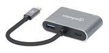 Manhattan USB-C Dock/Hub, Ports (x4): HDMI, USB-A, USB-C and VGA, with Power Delivery (PD) 87W- requires external USB-C charger (not included). USB powered (no external power supply required) when PD is not in use, Aluminium