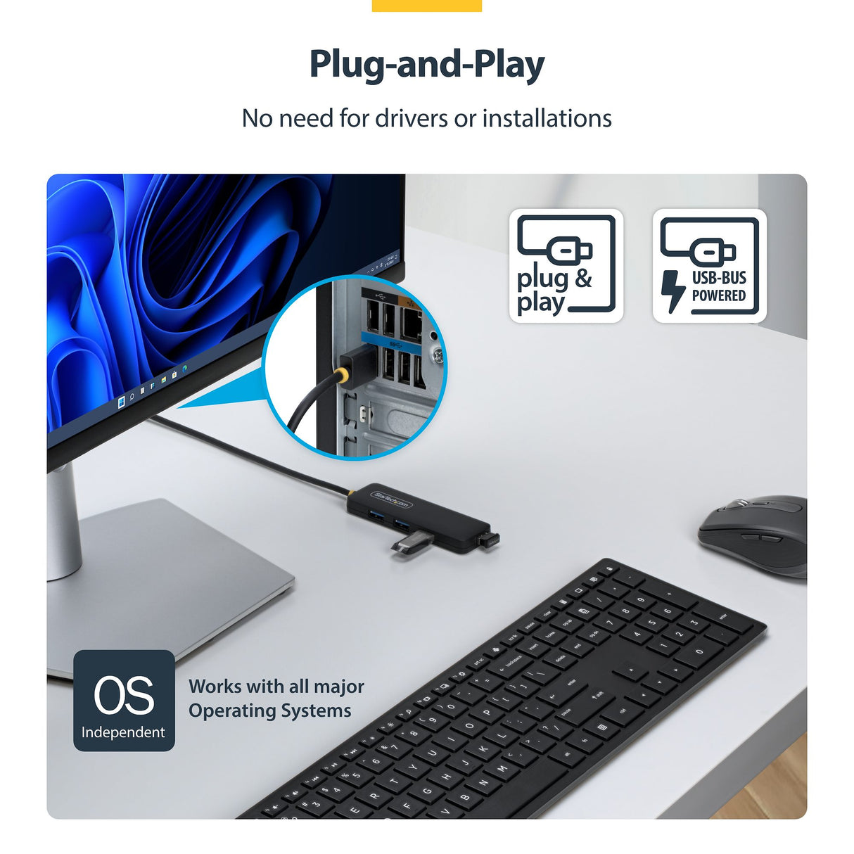 StarTech.com 4-Port USB-A Hub, 5Gbps, Bus Powered, USB-A to 4x USB-A Mini Hub, Extra Long 2ft/61cm Host Cable, PCR Plastic, Portable Desktop / Laptop USB Hub