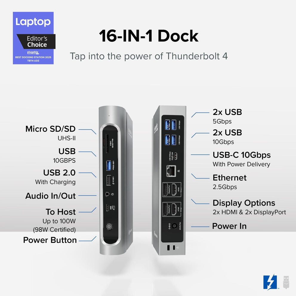 Plugable Technologies TBT4-UDZ laptop dock/port replicator Wired Thunderbolt 4 Silver