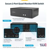 StarTech.com Secure 2-Port Quad-Monitor KVM Switch, 2x DisplayPort In to 4x HDMI Out, 4K 30Hz, NIAP 4.0 Desktop KVM, CAC, Metal Housing, Made in the USA