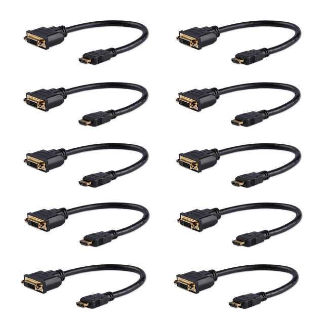 StarTech.com 8in (20cm) HDMI to DVI Adapter, DVI-D to HDMI (1920x1200p), 10 Pack, HDMI Male to 24 Pin DVI-D Female, Digital Monitor Adapter Cable M/F, HDMI to DVI Display Cord, Black