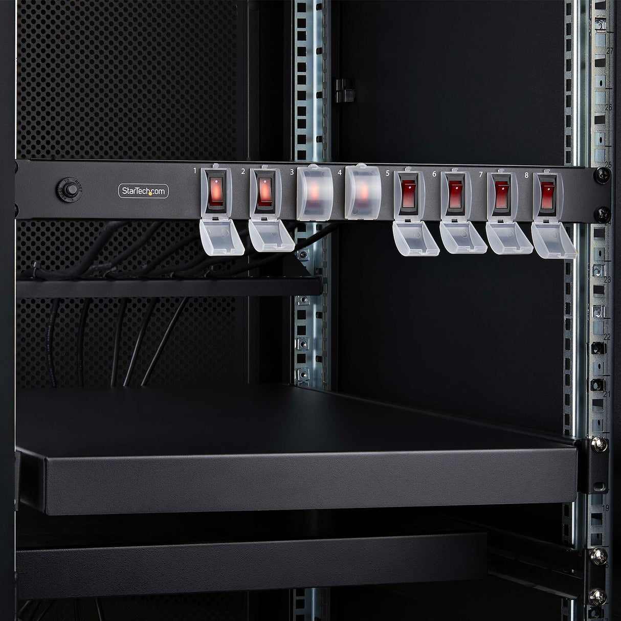 StarTech.com 8-Outlet Horizontal Rack Mount PDU, 1U Power Strip, Individual Outlet On/Off Switches w/Covers, 15A Circuit Breaker, 8ft/2.4m Cord, NEMA 5-15P/R, TAA