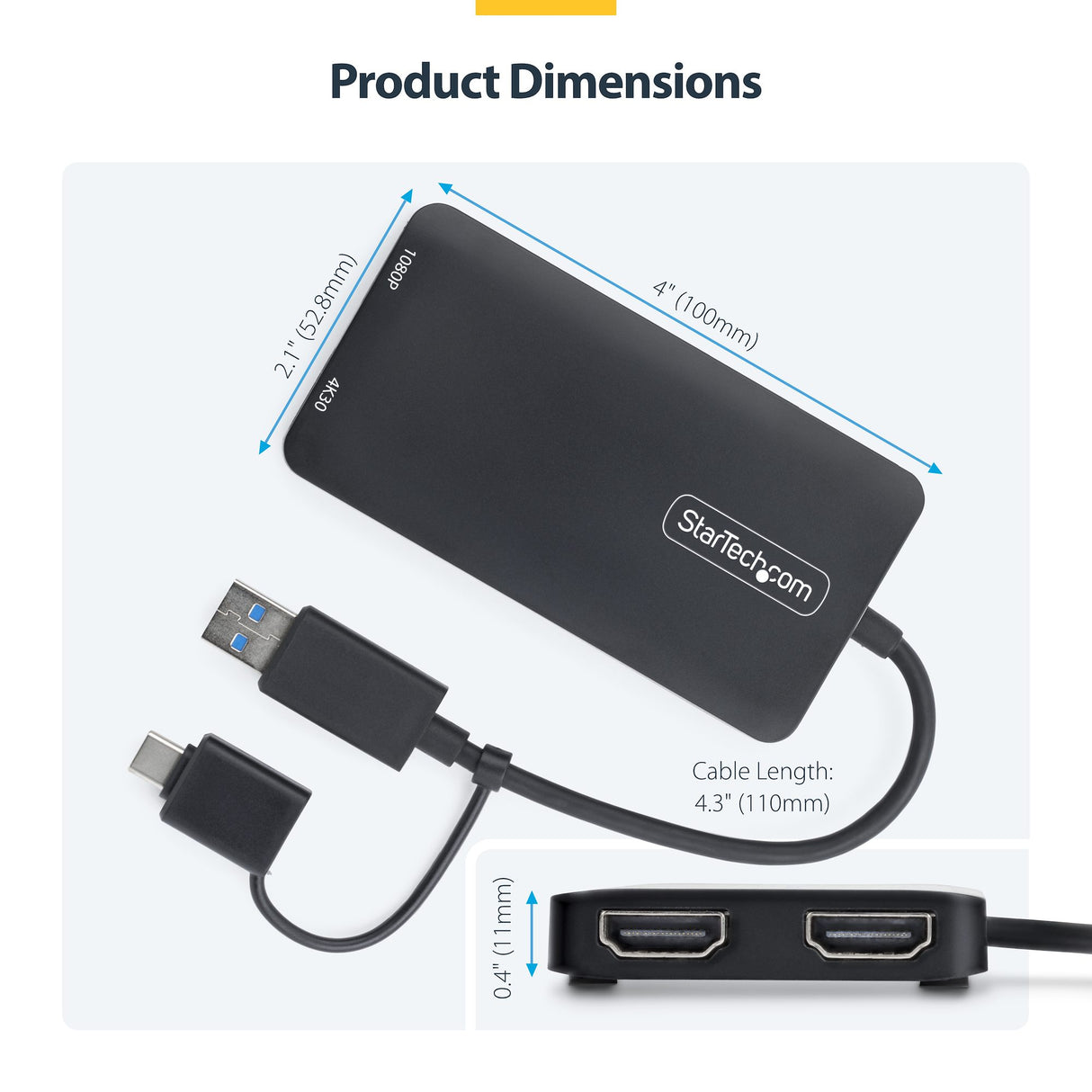 StarTech.com USB to Dual HDMI Adapter, USB A/C to 2x HDMI Displays (1x 4K30Hz, 1x 1080p), 4.3in/11cm Cable, USB 3.0 to HDMI Display Adapter, Windows/macOS, Black