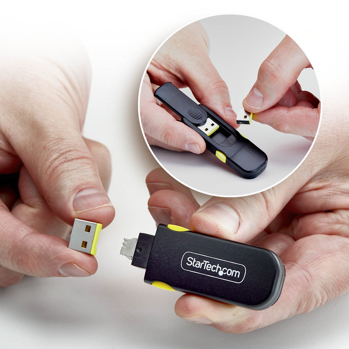 StarTech.com USB-A Port Blocker Key with 4x Latching USB-A Dust Cover Plugs, Snap-In Reusable Port Protectors for Laptops & Computers