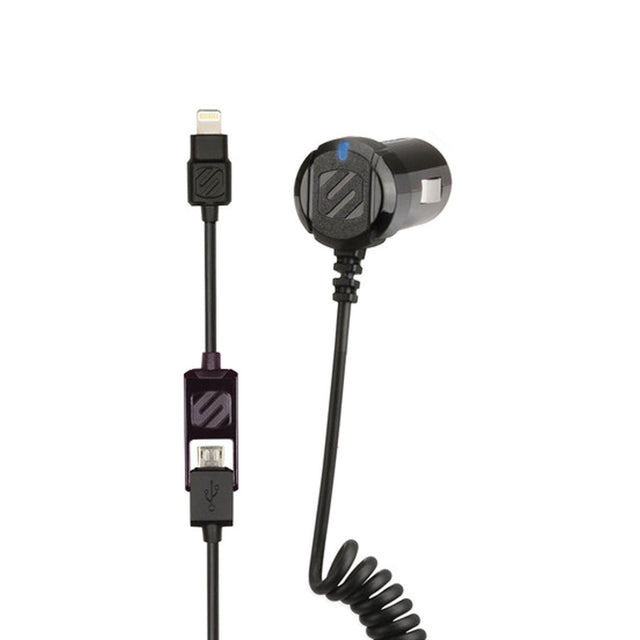Scosche Car Charger Lightning/Micro MFI 2-in-1 Hard Wired Coil strikeDRIVE 3ft Black