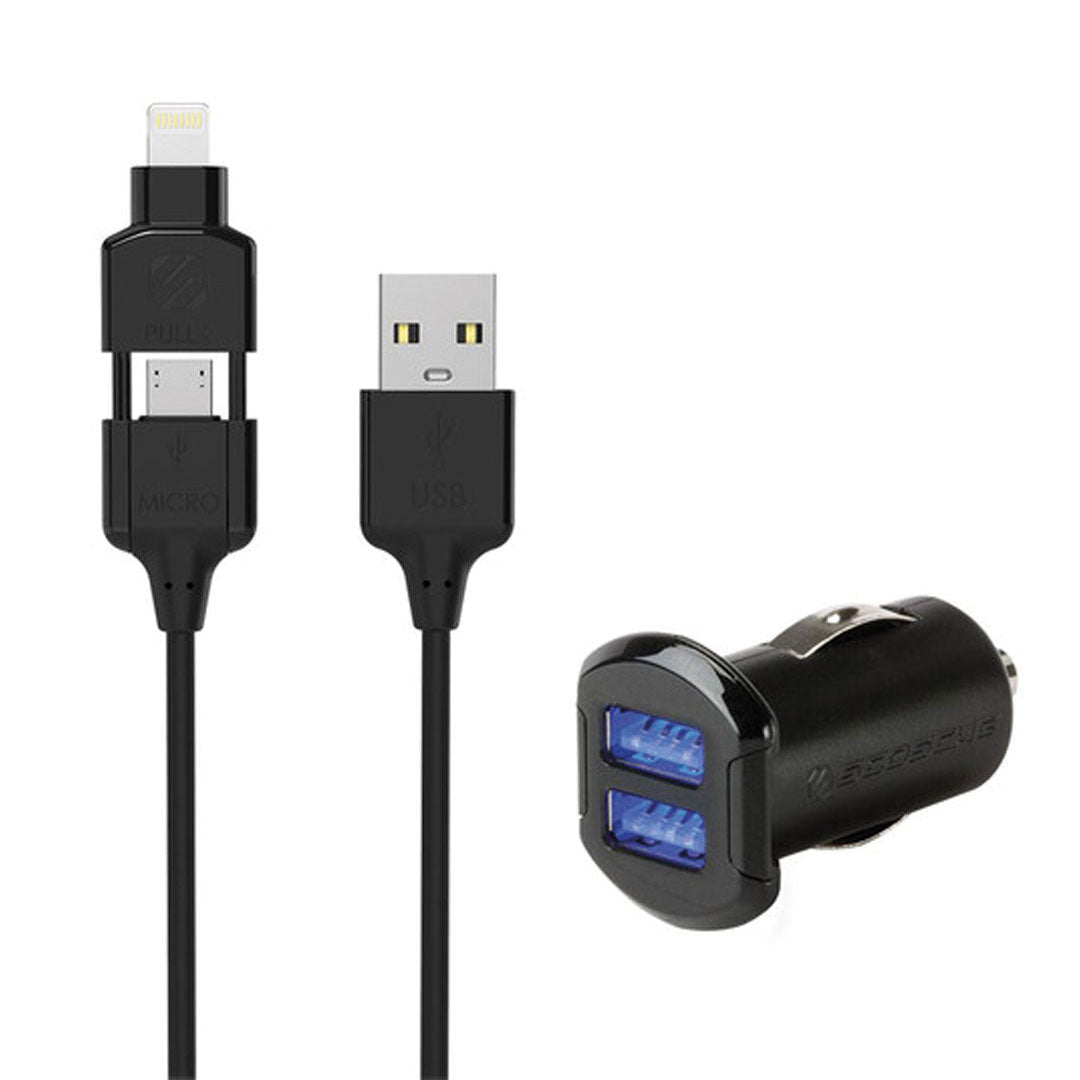 Scosche Charge & Sync Lightning/Micro-USB 2-in-1 MFI to USB-A Cable 3ft Black & Car Charger 2 Port 2.4A Black StrikeDRIVE Kit