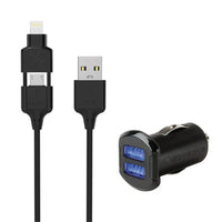 Scosche Charge & Sync Lightning/Micro-USB 2-in-1 MFI to USB-A Cable 3ft Black & Car Charger 2 Port 2.4A Black StrikeDRIVE Kit