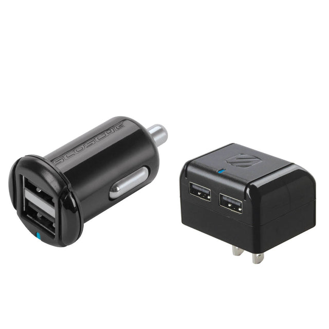 Scosche Wall & Car Charger Combo Kit Revive 2.4 Amp Kit includes 1 Wall Charger & 1 Car Charger Black 2 Port USB-A Each