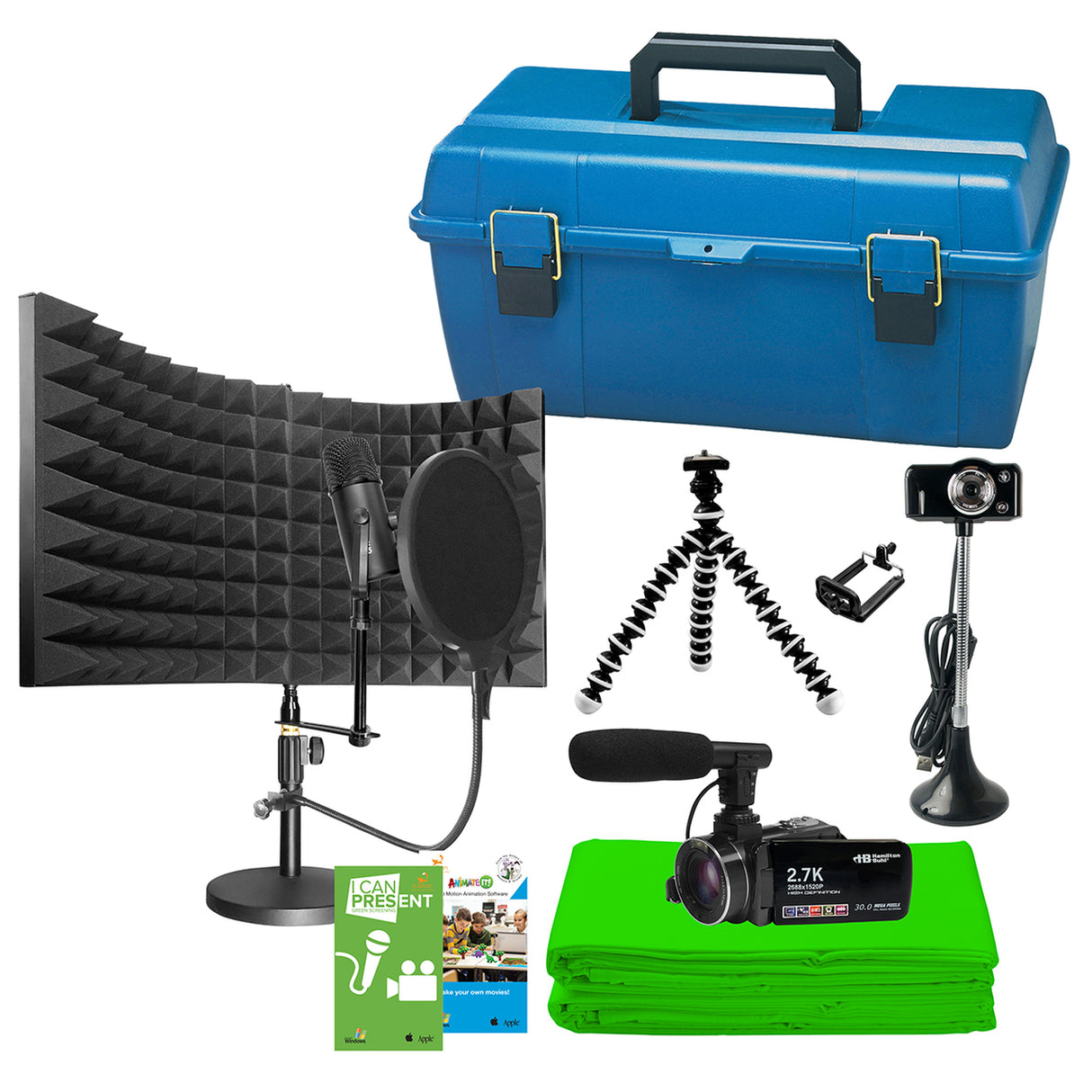 HamiltonBuhl Media Production Studio Kit Deluxe Contains PCAST4 WEBCAM HDV17BK HDV17-MIC TPOD20 Green Screen fabric Software for both the GRN-Kit and ANI-Kit