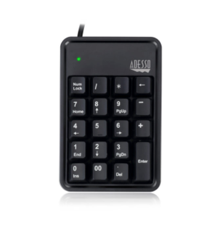Adesso Keypad Wired Mechanical Numeric 19 Keys & 3 Port USB Hub PC/Mac - Black
