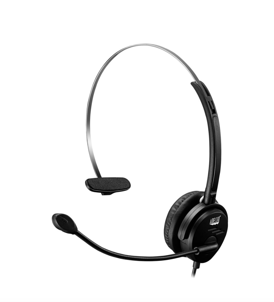Adesso Headset Wired Mono with Boom Mic Noise Cancelling USB Inline Control Module 6ft Cord - Black