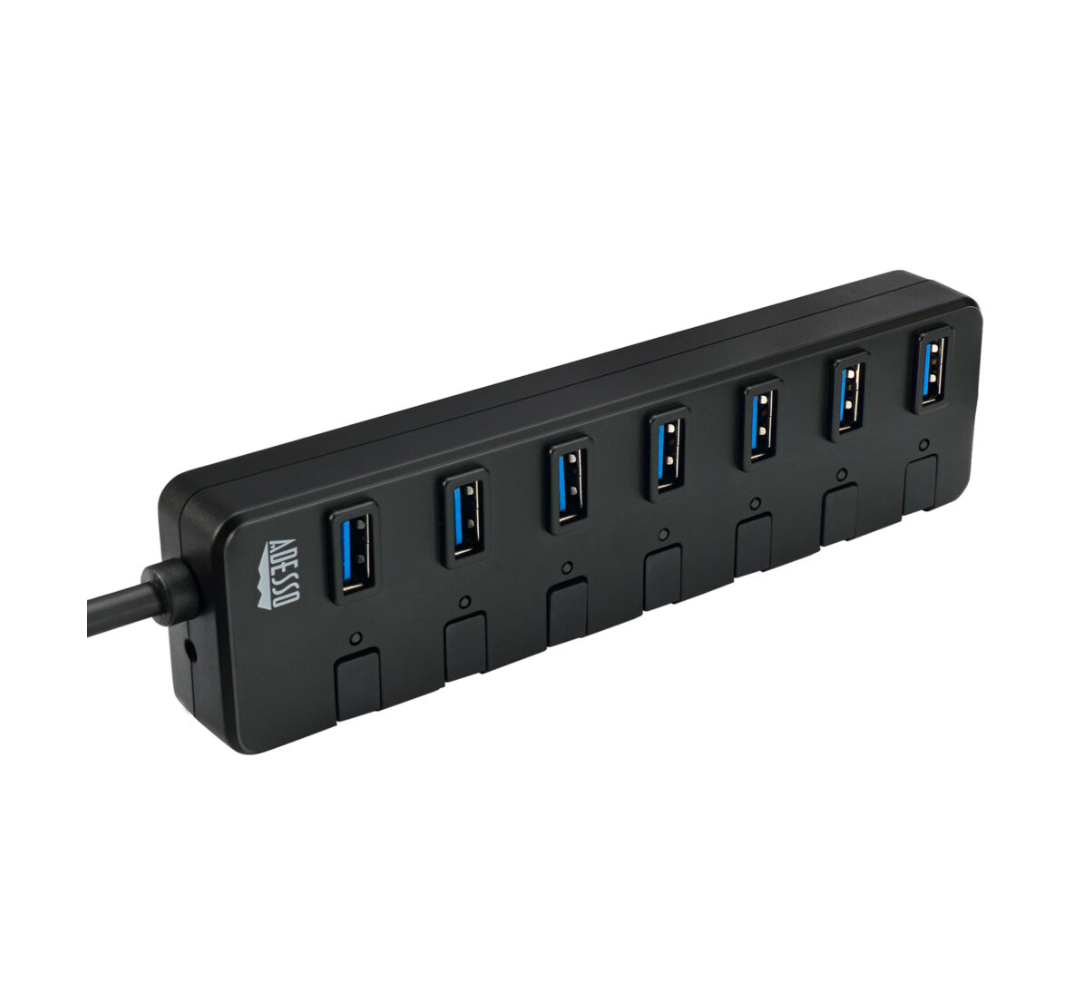 Adesso Hub 7 Port USB 3.0 Individual Power Switch & LED Indicator Lights Power Adapter Included  PC/Mac - Black