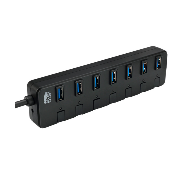 Adesso Hub 7 Port USB 3.0 Individual Power Switch & LED Indicator Lights Power Adapter Included  PC/Mac - Black