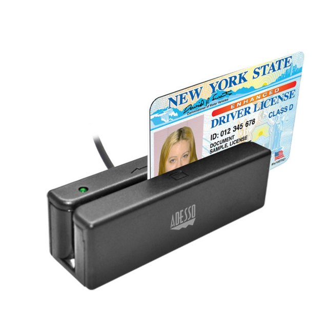 Adesso Magnetic Stripe Card Reader Bidirectional Single Dual or Three Track Compatibility PC - Black