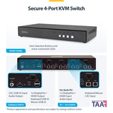 StarTech.com Secure 4-Port KVM Switch, HDMI or DisplayPort, 4K 60Hz, NIAP 4.0 Desktop KVM, Metal Housing, CAC Port, Made in the USA
