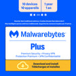 Malwarebytes Premium Plus 10-Device 1-Year Includes Browser Guard & Privacy VPN PC/MAC/Android/iOS ESD (DOWNLOAD CODE)