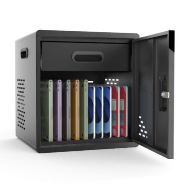Luxor Charging Cabinet 10 Devices up to 13in Power Strip & Drawer for Cord Storage Lock with Key Stackable - Black