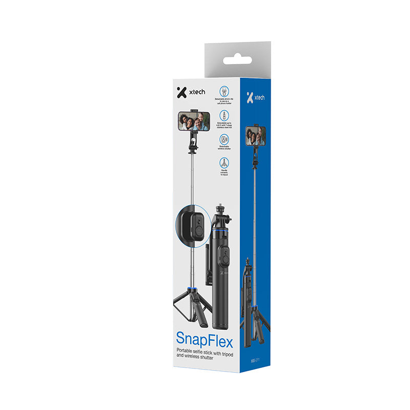 Xtech Vlogging Selfie Stick with Tripod & Wireless Shutter SnapFlex 4.32ft Max Height for Phones Tablets GoPro Digital Cameras with Remote - Black