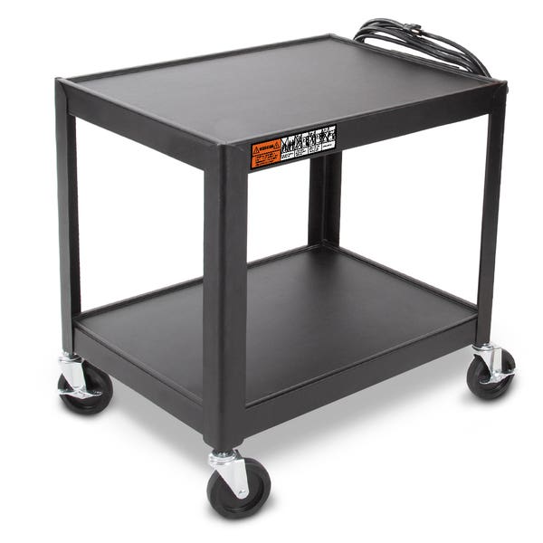 Luxor AV Cart 26In Steel 2 Shelf with 3 Outlet CSA Power Strip 4In Commercial Grade Casters with Lock - Black