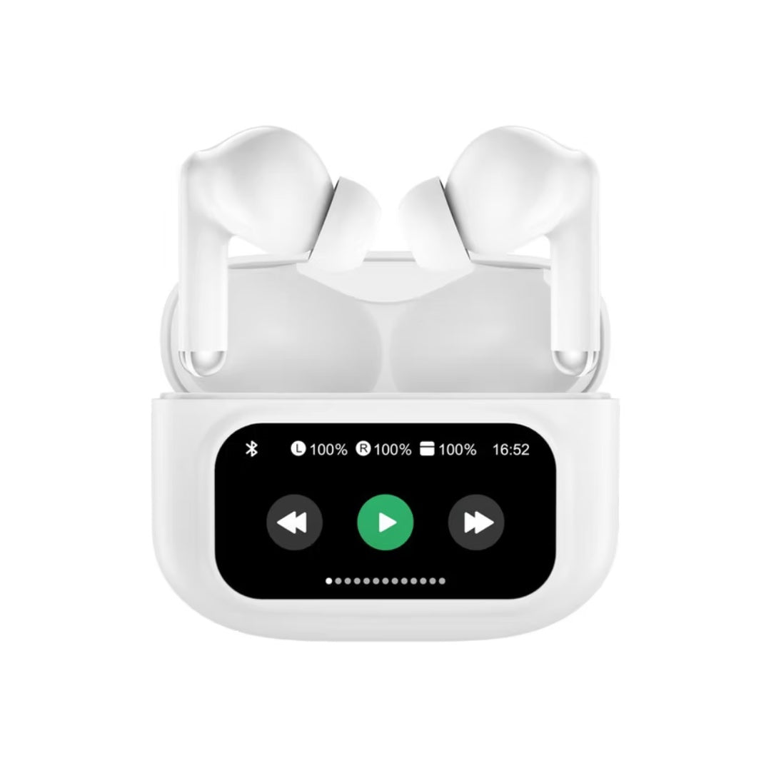 Adesso Earbuds Bluetooth 5.3 with Dual Microphones Active Noise Cancellation Touch Controls Wireless Touchscreen Charging Case App-Based EQ Customization Multi-Platform Compatible -White