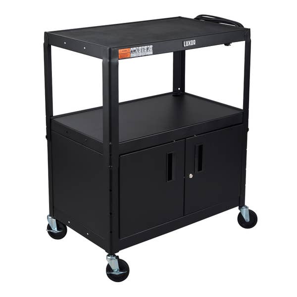 Luxor AV Cart XL Steel Adjustable Height with Locking Cabinet 3 Outlet Power Bar with 15ft Cord - Black