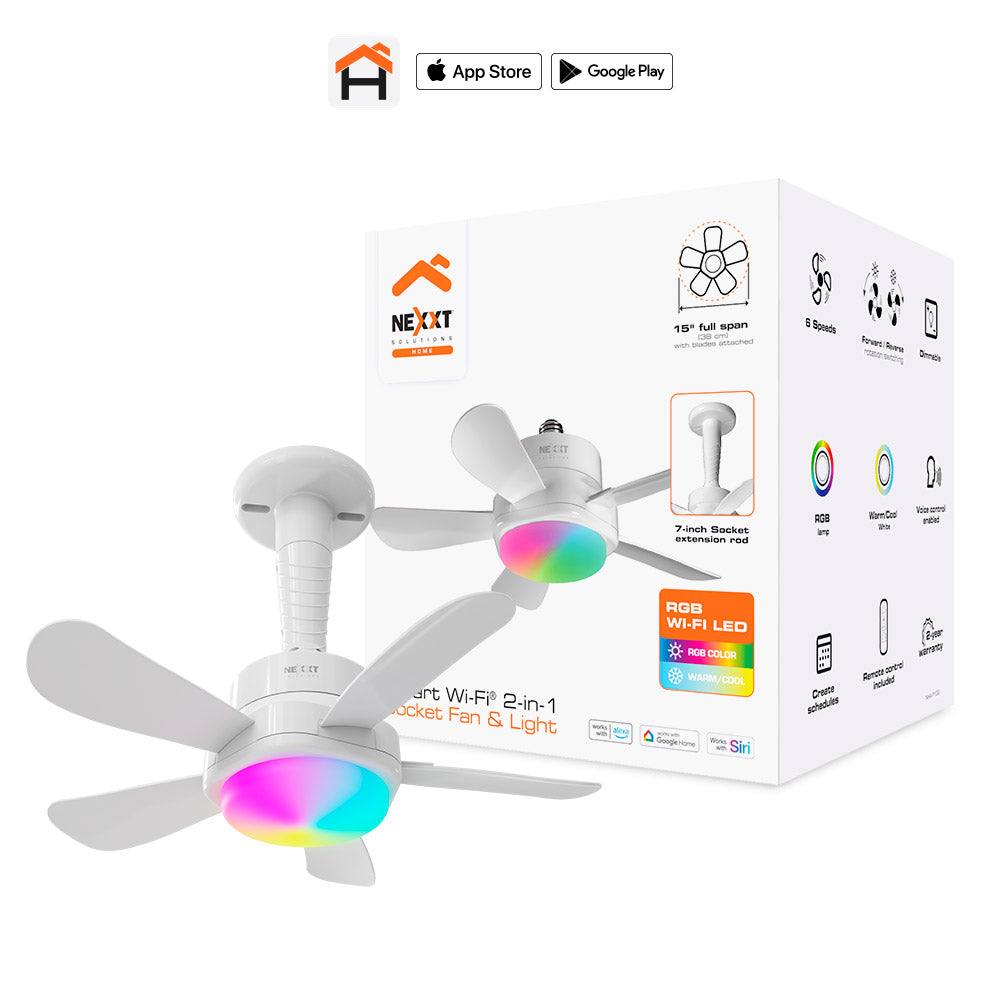 Nexxt Smart Home Indoor Wifi Socket Fan & Light RGB 15In Fan 6 Speeds Forward & Reverse with Remote or Voice Controls Google/Alexa/Siri