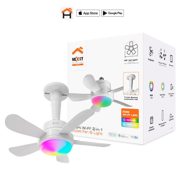 Nexxt Smart Home Indoor Wifi Socket Fan & Light RGB 15In Fan 6 Speeds Forward & Reverse with Remote or Voice Controls Google/Alexa/Siri