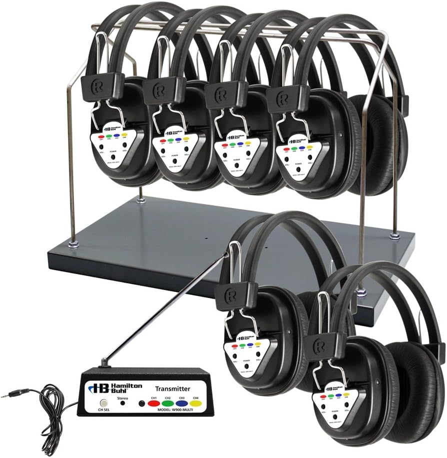 HamiltonBuhl AudioFlow Wireless 6-Person Listening Center with Multi-Frequency Transmitter Wireless Headphones and Rack