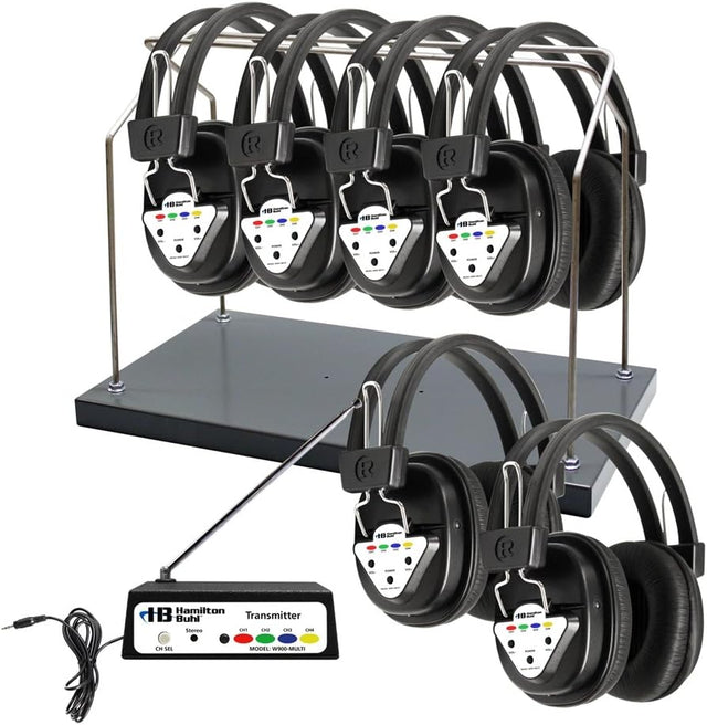 HamiltonBuhl AudioFlow Wireless 6-Person Listening Center with Multi-Frequency Transmitter Wireless Headphones and Rack