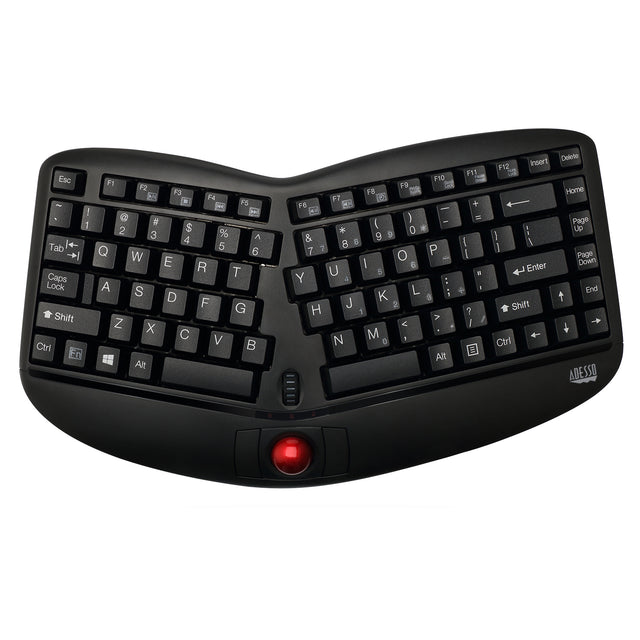 Adesso Keyboard Wireless Ergonomic with Built-in Trackball & Scroll Wheel 2.4Ghz USB Dongle PC/Mac - Black