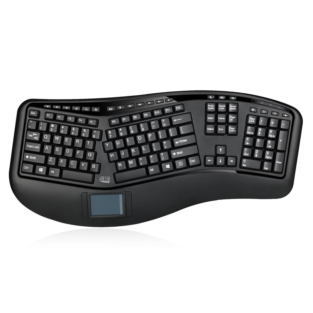 Adesso Keyboard Wireless Ergonomic with Built-in Touchpad Integrated Palm Rest PC/Mac - Black