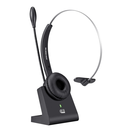 Adesso Headset Wireless Mono Bluetooth or 3.5 mm audio connection with Noise-Canceling Mic Charging Dock 14-Hour Battery Life Multi-Platform Compatible.