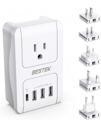 BESTEK World Travel Adaptor 300W with 1 x AC Outlet 3 x USB Ports & USB-C Port - White
