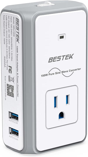 BESTEK World Travel Adaptor 150W with 1 x AC Outlet & 2 x Smart USB Ports