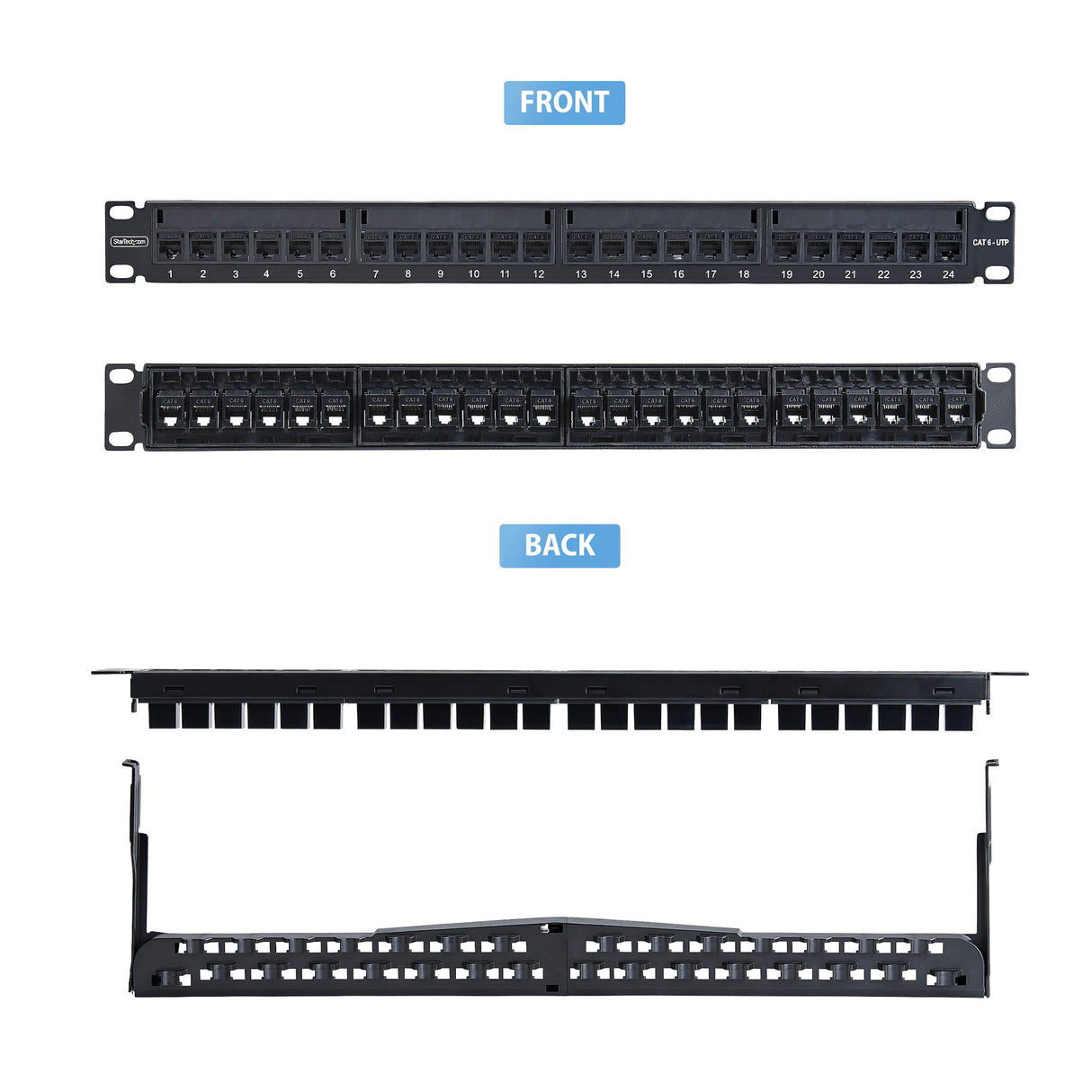 StarTech.com 24 Port 1U Feed Through Patch Panel with Cable Management Bar, Rackmount Cat6 Ethernet Patch Panel with RJ45 UTP Inline Couplers
