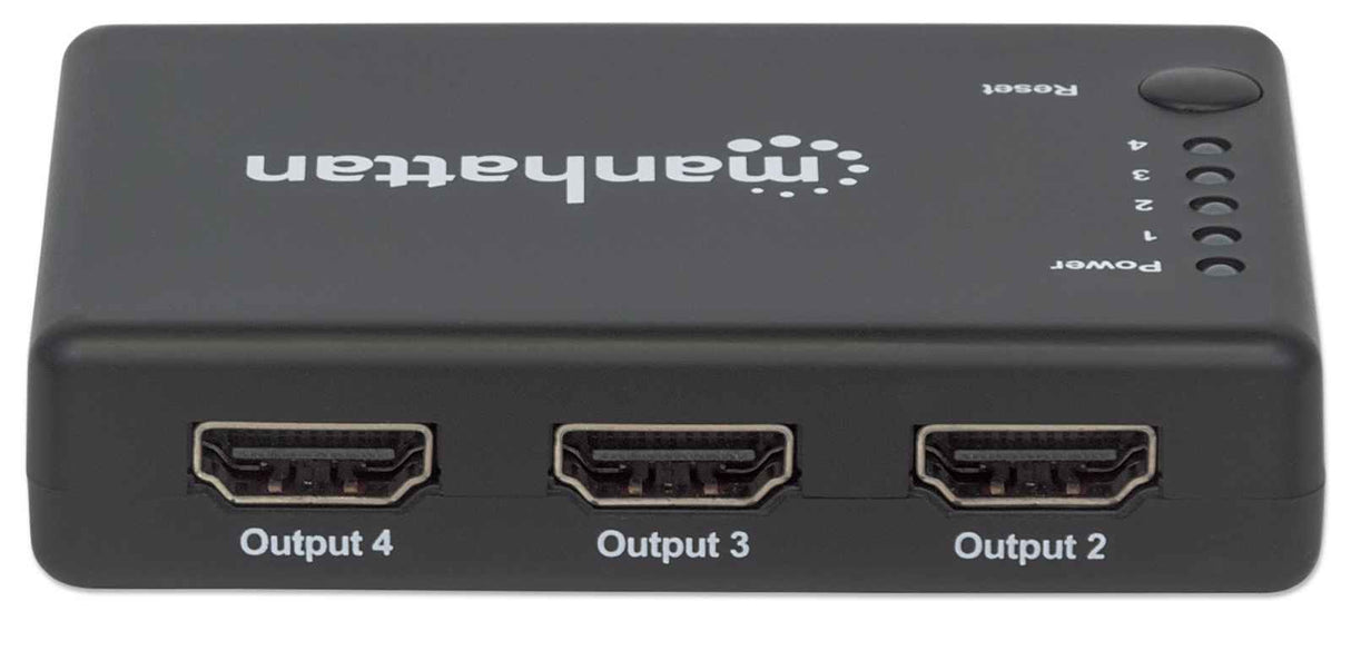 Manhattan HDMI Splitter 4-Port (Compact), 4K@30Hz, Displays output from x1 HDMI source to x4 HD displays (same output to four displays), AC Powered (cable 0.7m), Black, Three Year Warranty