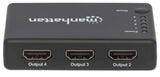 Manhattan HDMI Splitter 4-Port (Compact), 4K@30Hz, Displays output from x1 HDMI source to x4 HD displays (same output to four displays), AC Powered (cable 0.7m), Black, Three Year Warranty